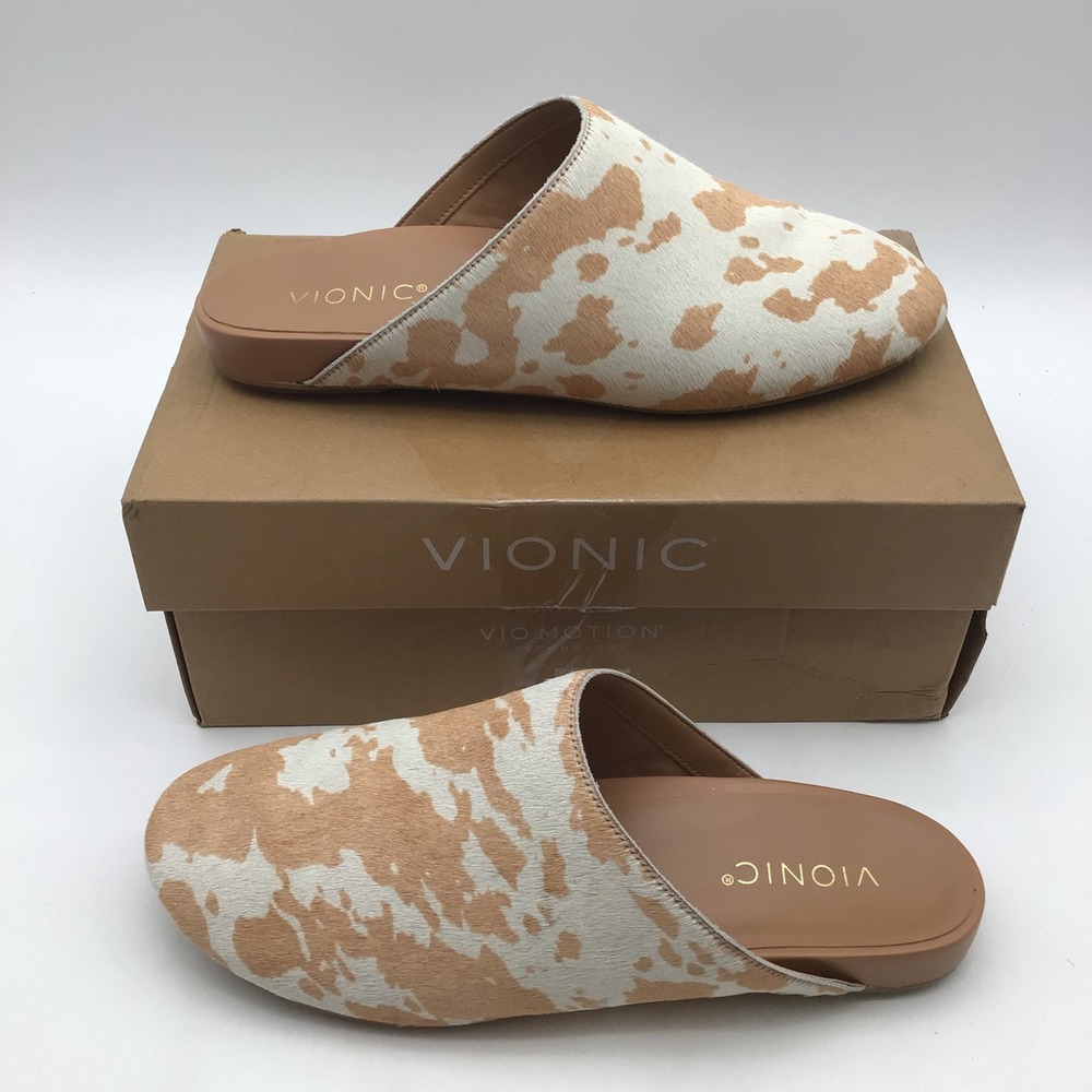 Vionic Opal Cow Hair Print Mules Tan Cream Animal Print Womens Size 9.5 M NEW